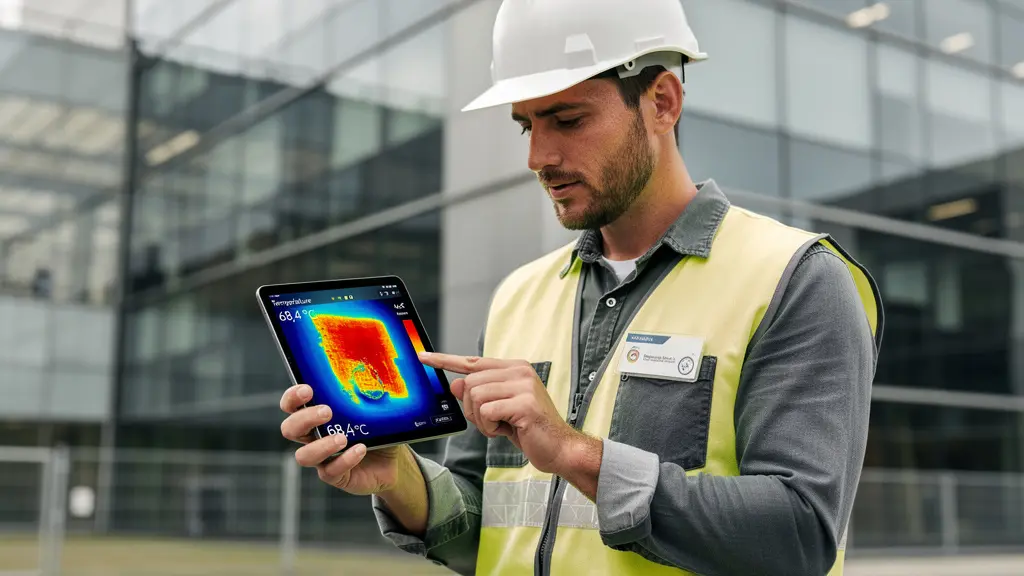 Technicien bâtiment durable analysant performance énergétique façade avec tablette
