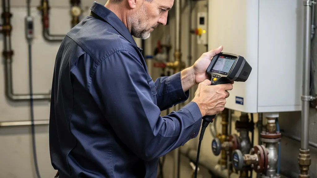 Technicien utilisant caméra thermique pour diagnostic système chauffage