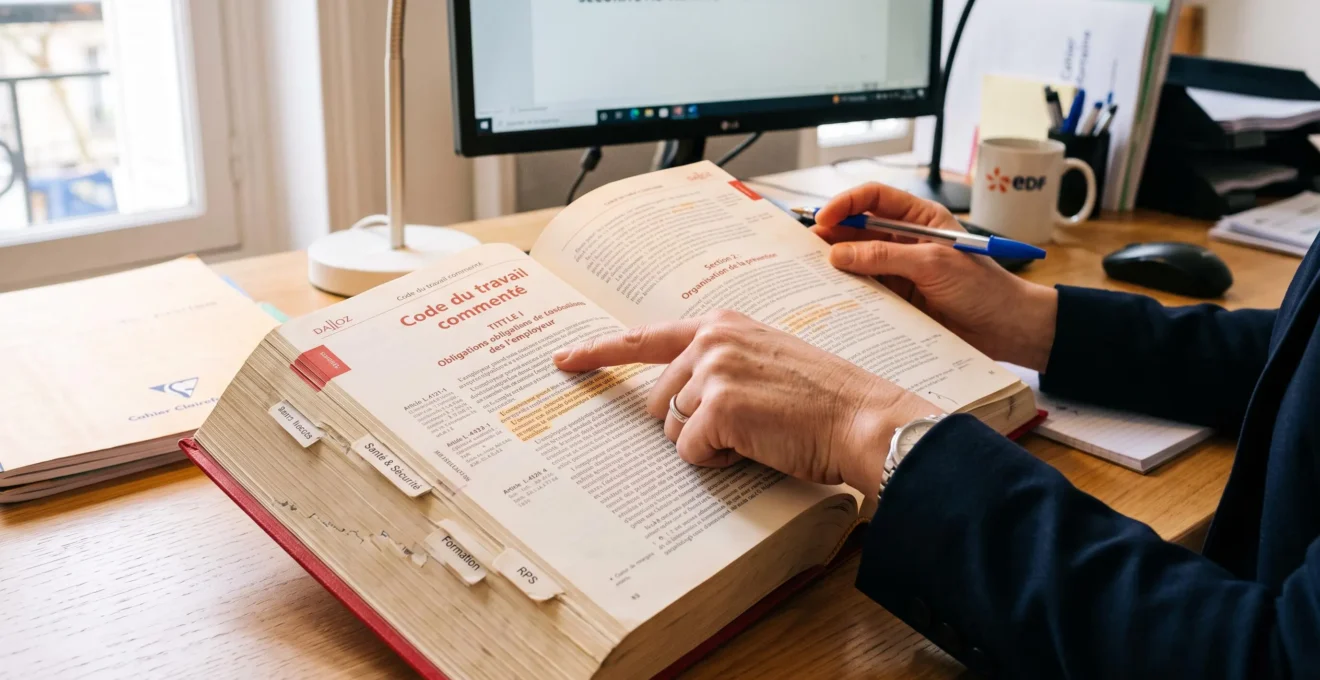 Consultation détaillée d'un Code du travail commenté avec prise de notes par un responsable HSE