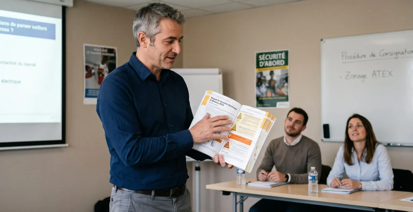 Formateur HSE utilisant un manuel technique spécialisé lors d'une session de formation en prévention des risques