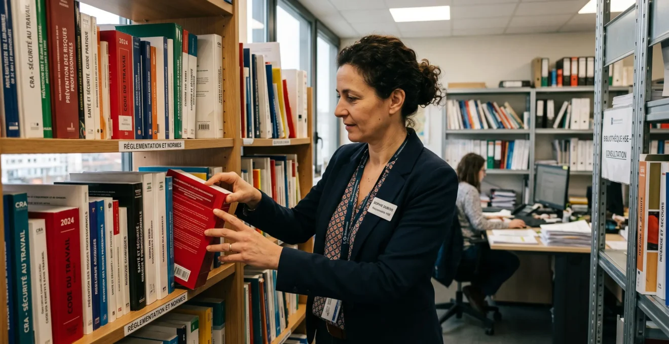 Responsable HSE consultant des ouvrages de référence en santé-sécurité au travail dans une bibliothèque professionnelle organisée