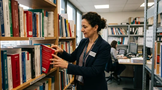 Responsable HSE consultant des ouvrages de référence en santé-sécurité au travail dans une bibliothèque professionnelle organisée