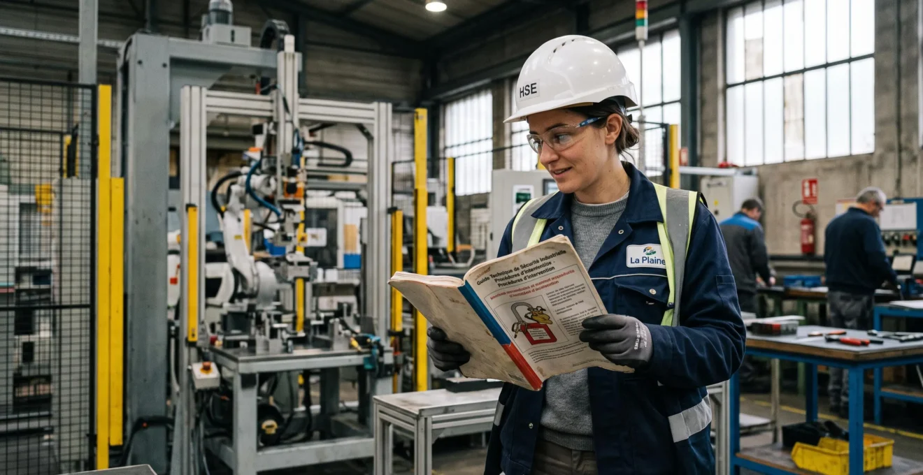 Technicien HSE consultant un guide de sécurité spécialisé sur le terrain dans un environnement industriel
